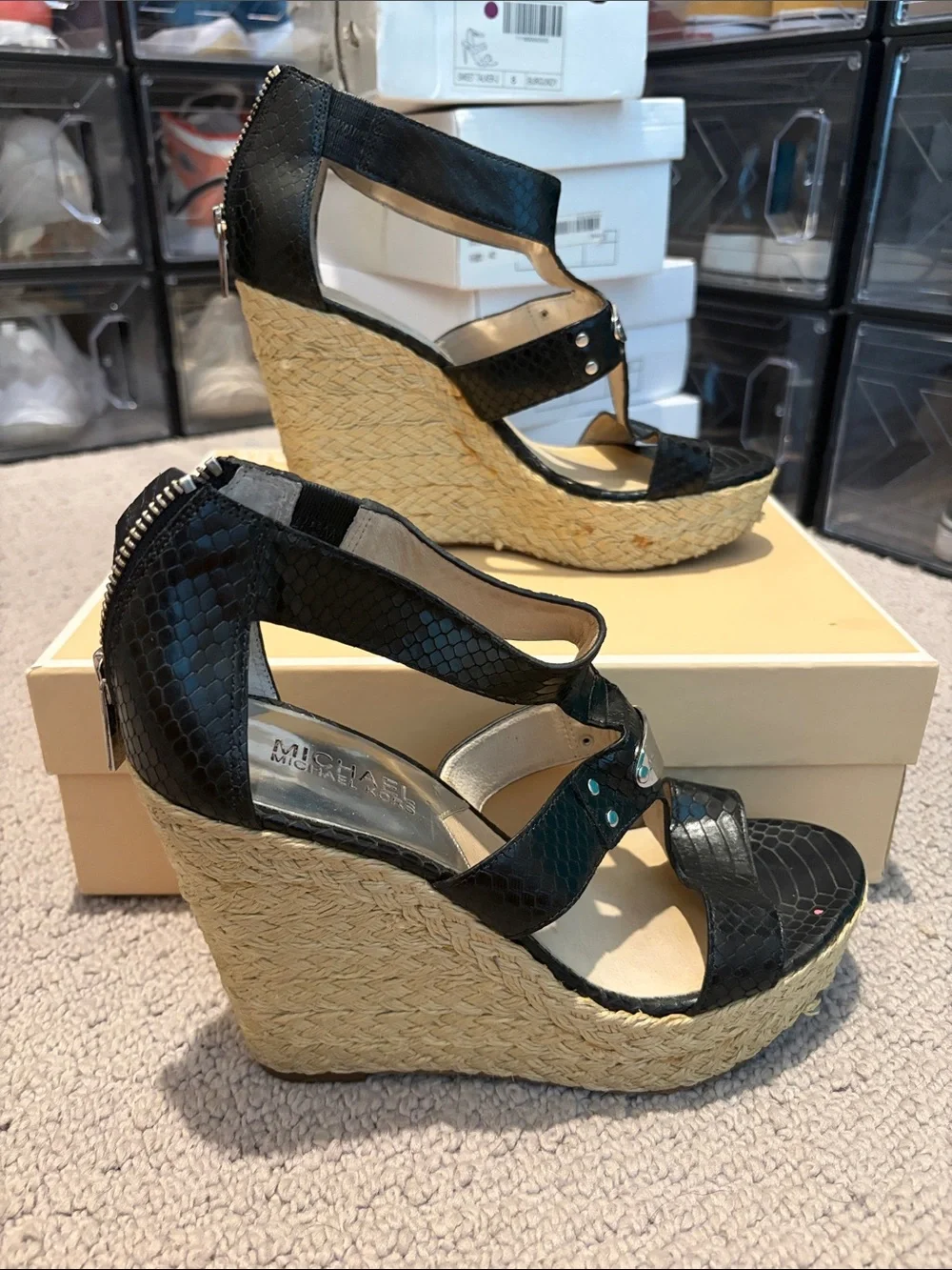 Michael Kors Black Faux-Snake Espadrille Wedge Sandals